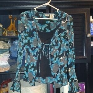 No Boundaries Sheer Black and Teal Butterfly Blouse
